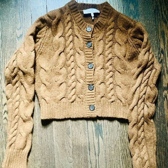 Frame Denim Cable Knit Button-Front Cardigan in Camel Brown - Picture 3 of 6